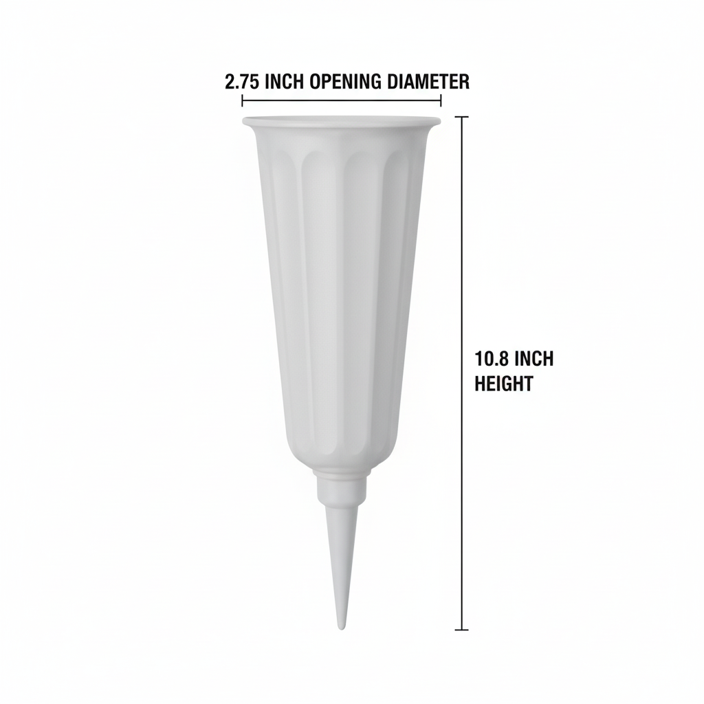 White cemetery vase dimensions diagram showing 10.8 inch height and 2.75 inch opening diameter