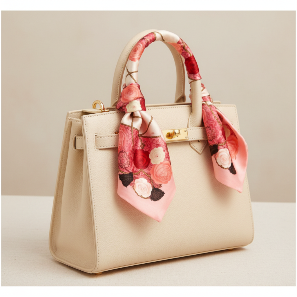 Red rose floral satin scarf tied on handbag handle as chic bag charm