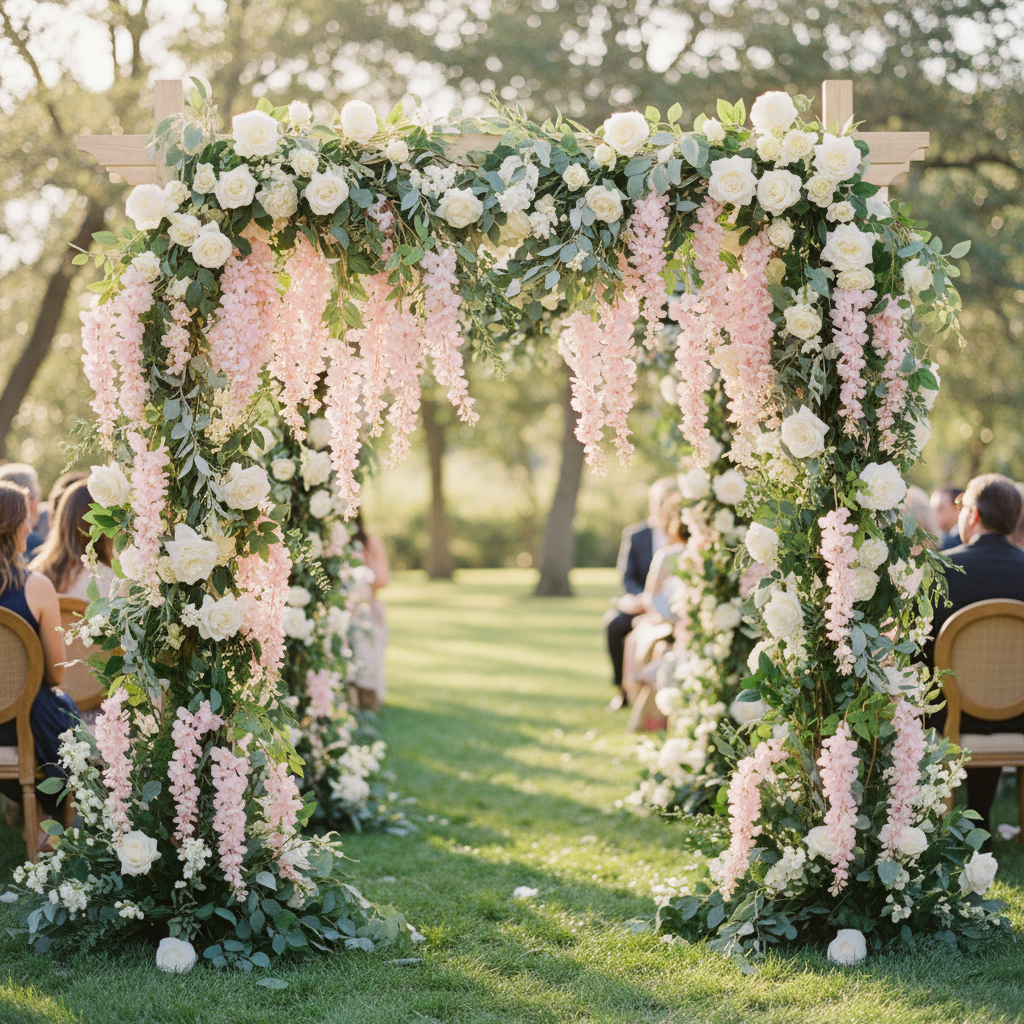 Artificial blush pink wisteria stem hanging from a romantic wedding arch with white roses and eucalyptus