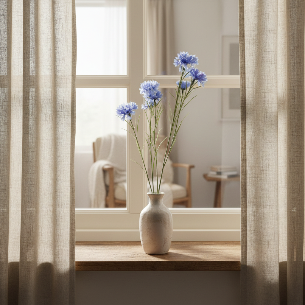 Artificial periwinkle blue cornflower stems in ceramic vase on windowsill, cozy cottage interior styling
