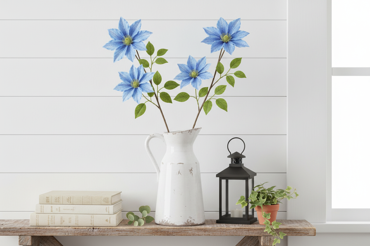 Soft blue clematis faux flower stems in a white farmhouse pitcher vase on a rustic wood shelf with vintage books and greenery accents