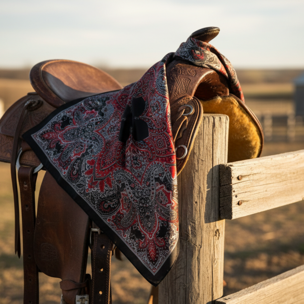 Black and red paisley wild rag scarf draped over saddle showing satin texture detail