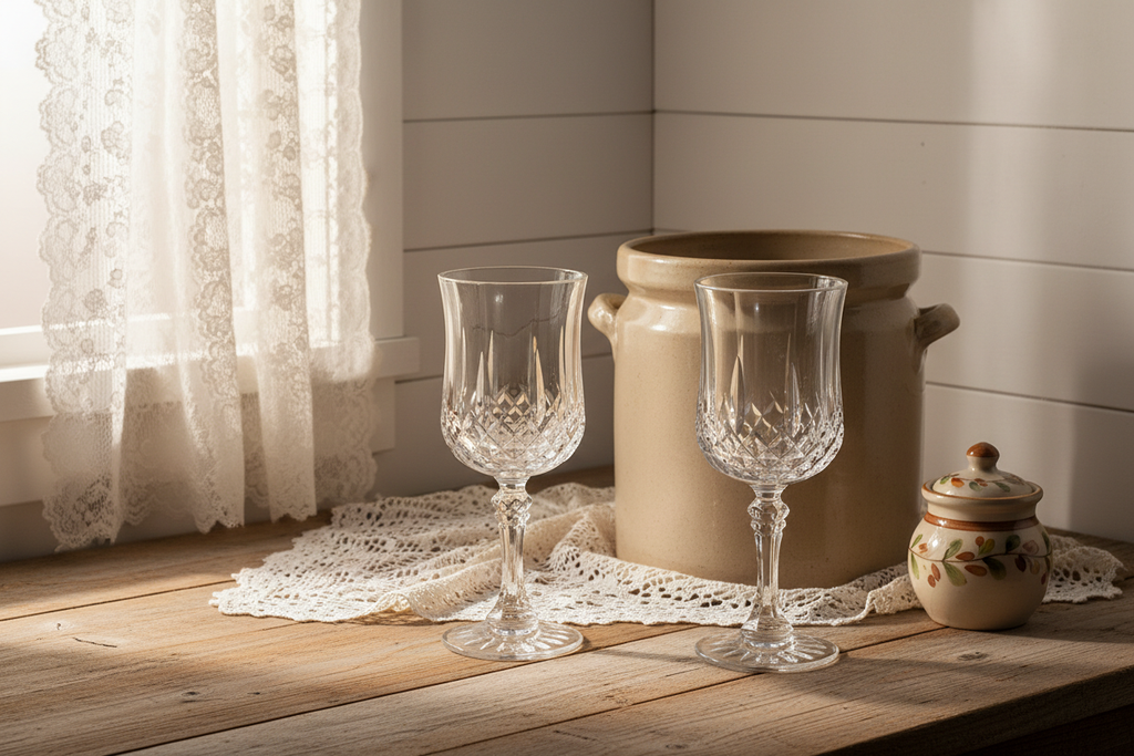 Vintage Cristal D'Arques Longchamp crystal wine glasses set of 2 in cottagecore setting with cream stoneware crock and shiplap wall
