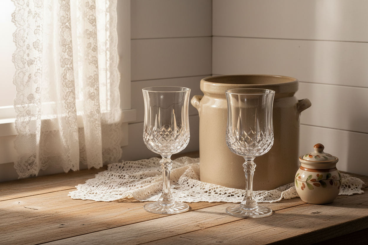 Vintage Cristal D'Arques Longchamp crystal wine glasses set of 2 in cottagecore setting with cream stoneware crock and shiplap wall