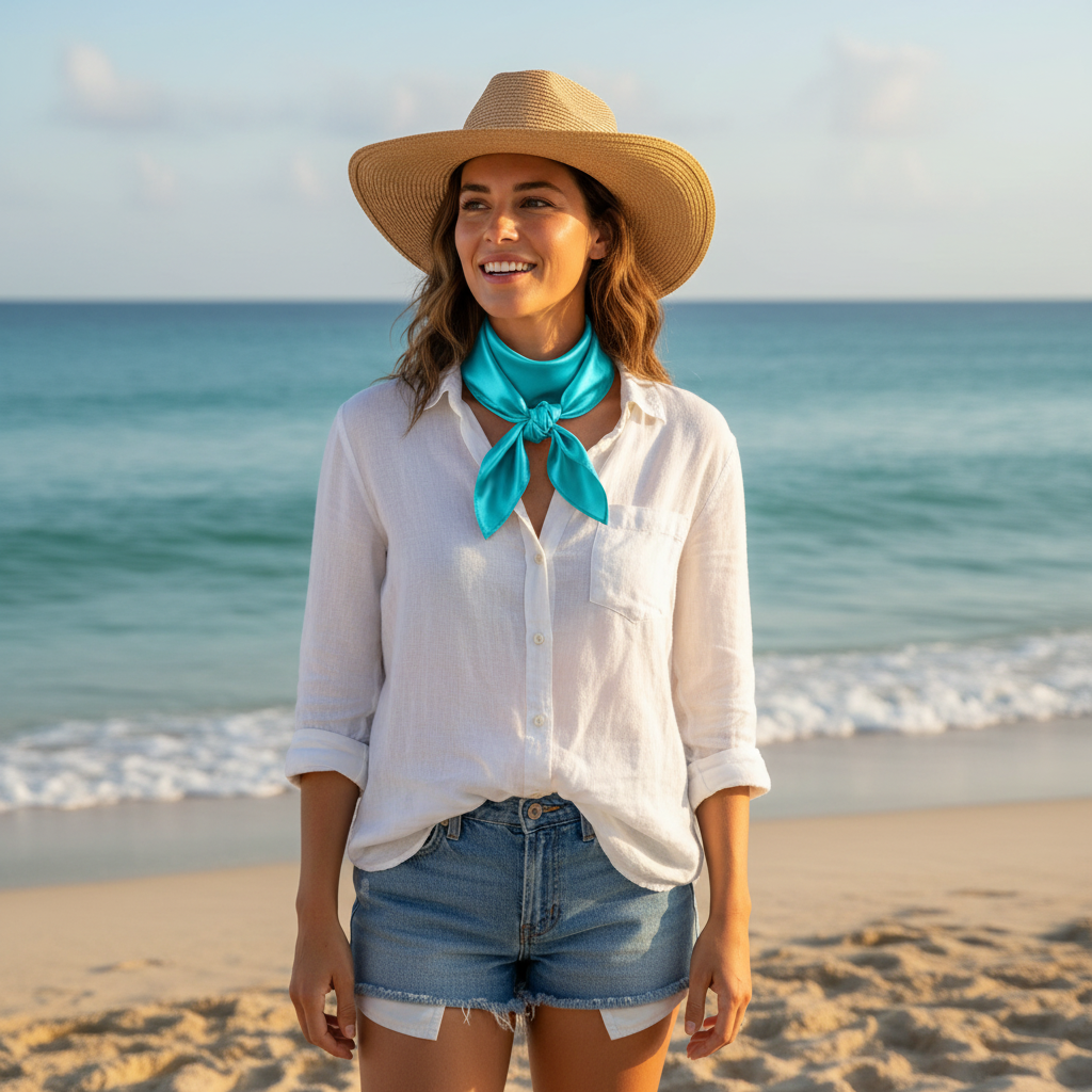Woman at beach wearing aqua blue wild rag scarf summer styling