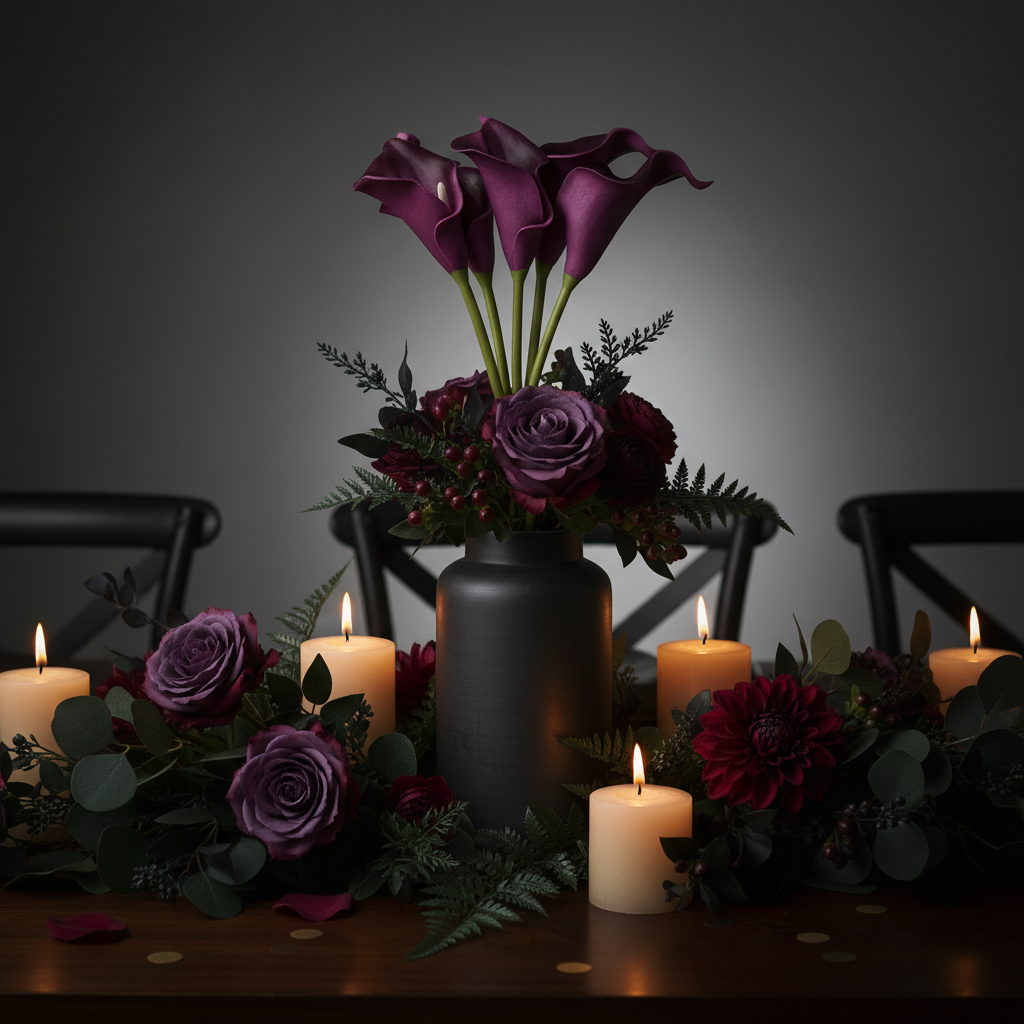 Plum purple artificial calla lily stems as romantic wedding table centerpiece with candles and dark greenery