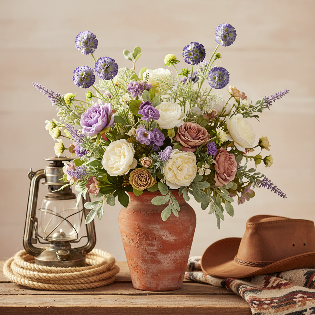 Faux purple blue scabiosa pincushion flower stems tucked into a rustic western wildflower arrangement in a terracotta vase with rope coil, vintage lantern, and cowboy hat on weathered wood