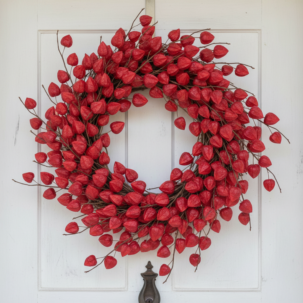 Red burgundy Chinese lantern stems styled in fall wreath on rustic white wooden door