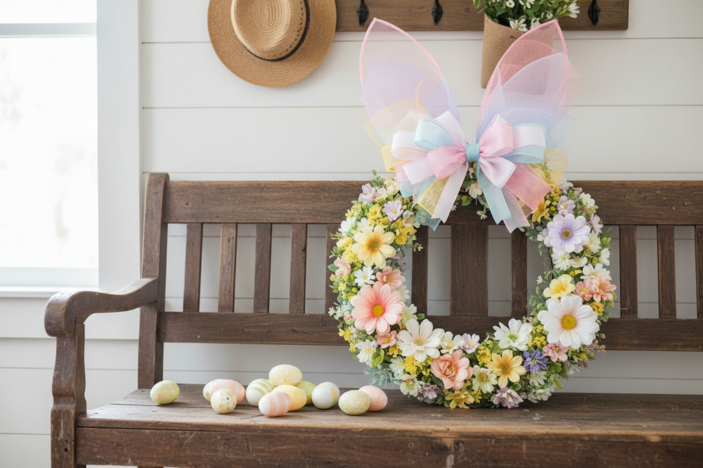 Easter bunny wire wreath frame with fabric ears decorated with peach and cream flowers in farmhouse entryway with Easter eggs