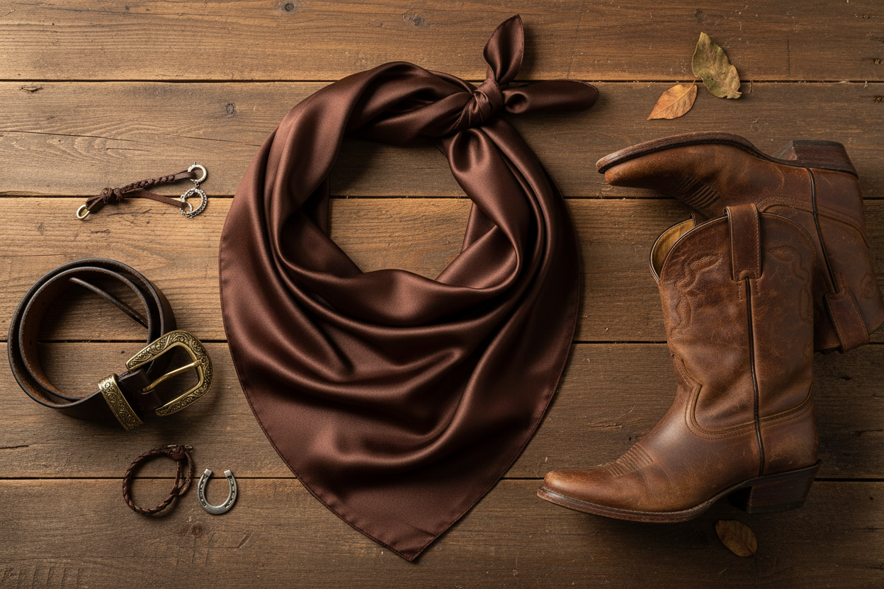 Chocolate brown wild rag flat lay with leather belt, brass buckle, and brown boots on barn wood
