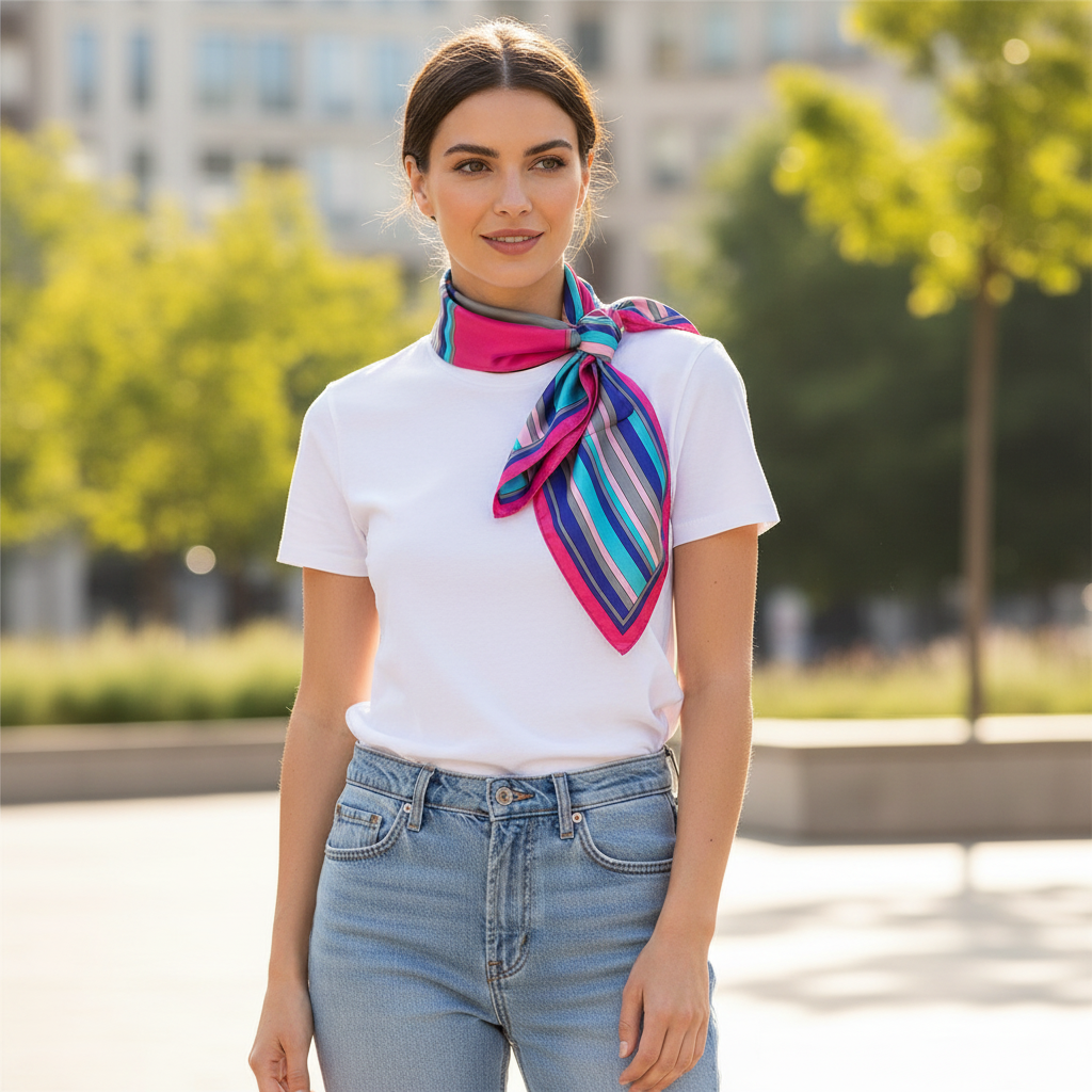 Woman wearing pink stripe satin square scarf tied around neck with hot pink color blocking and multicolor stripes