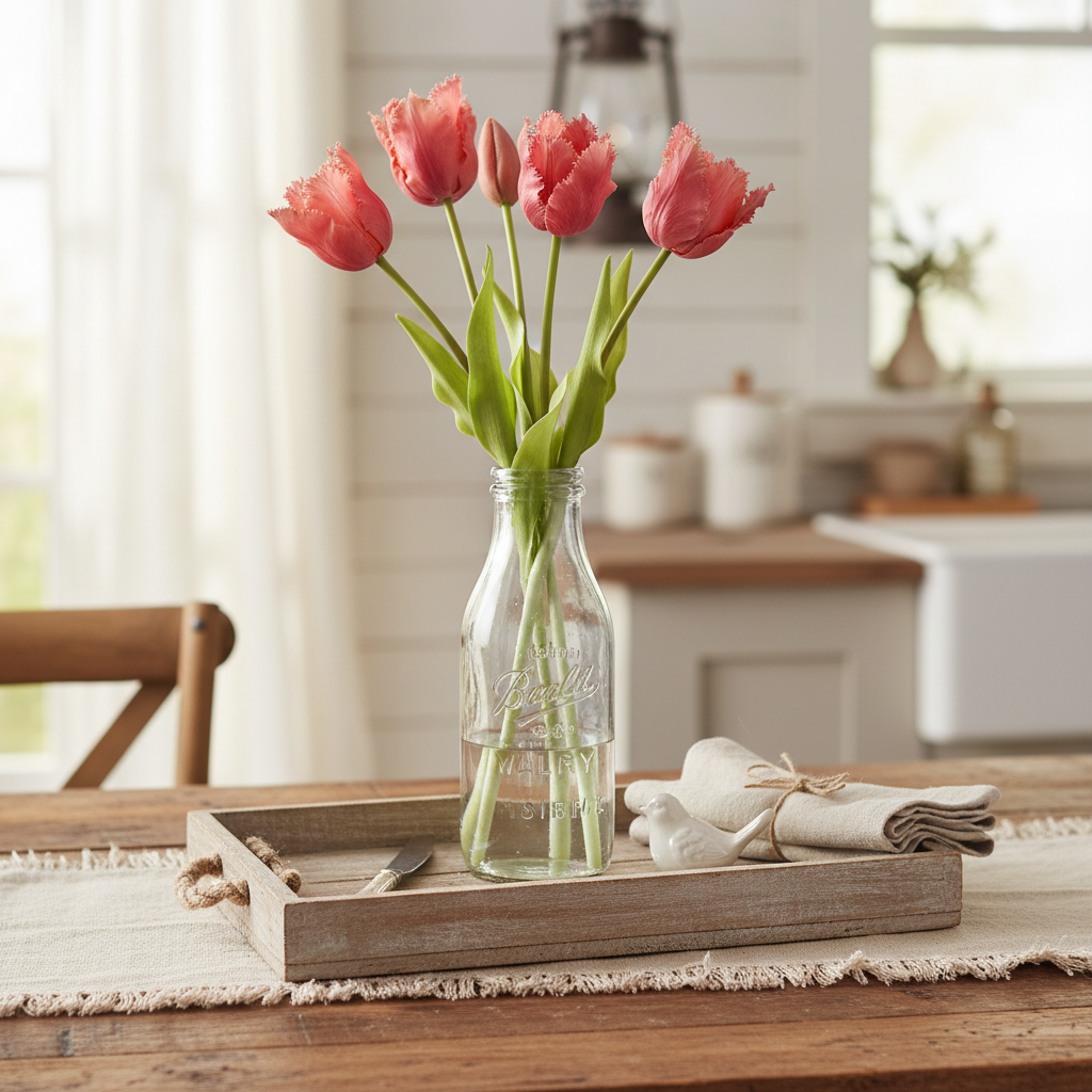 5 stem coral pink tulip bouquet in vintage milk bottle - rustic farmhouse centerpiece