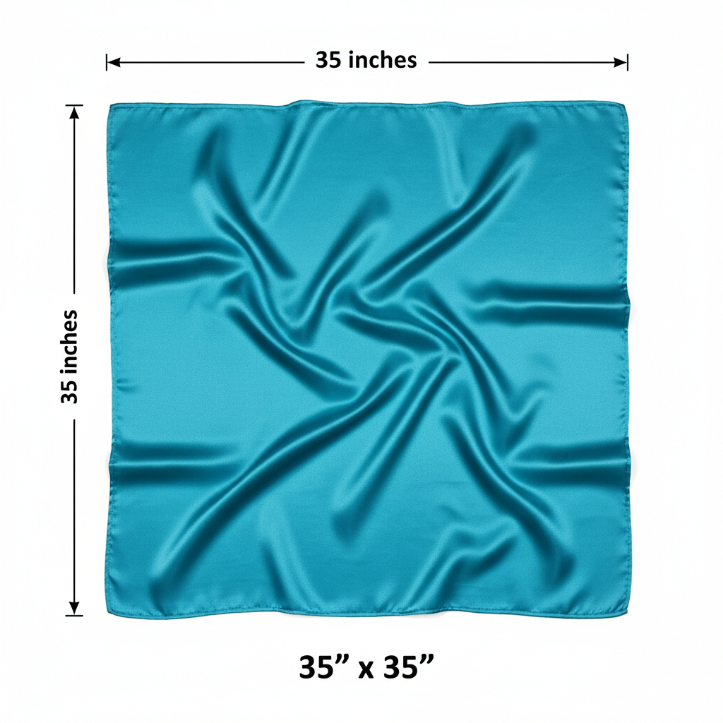 Aqua blue wild rag scarf measurement diagram 35x35 inches square