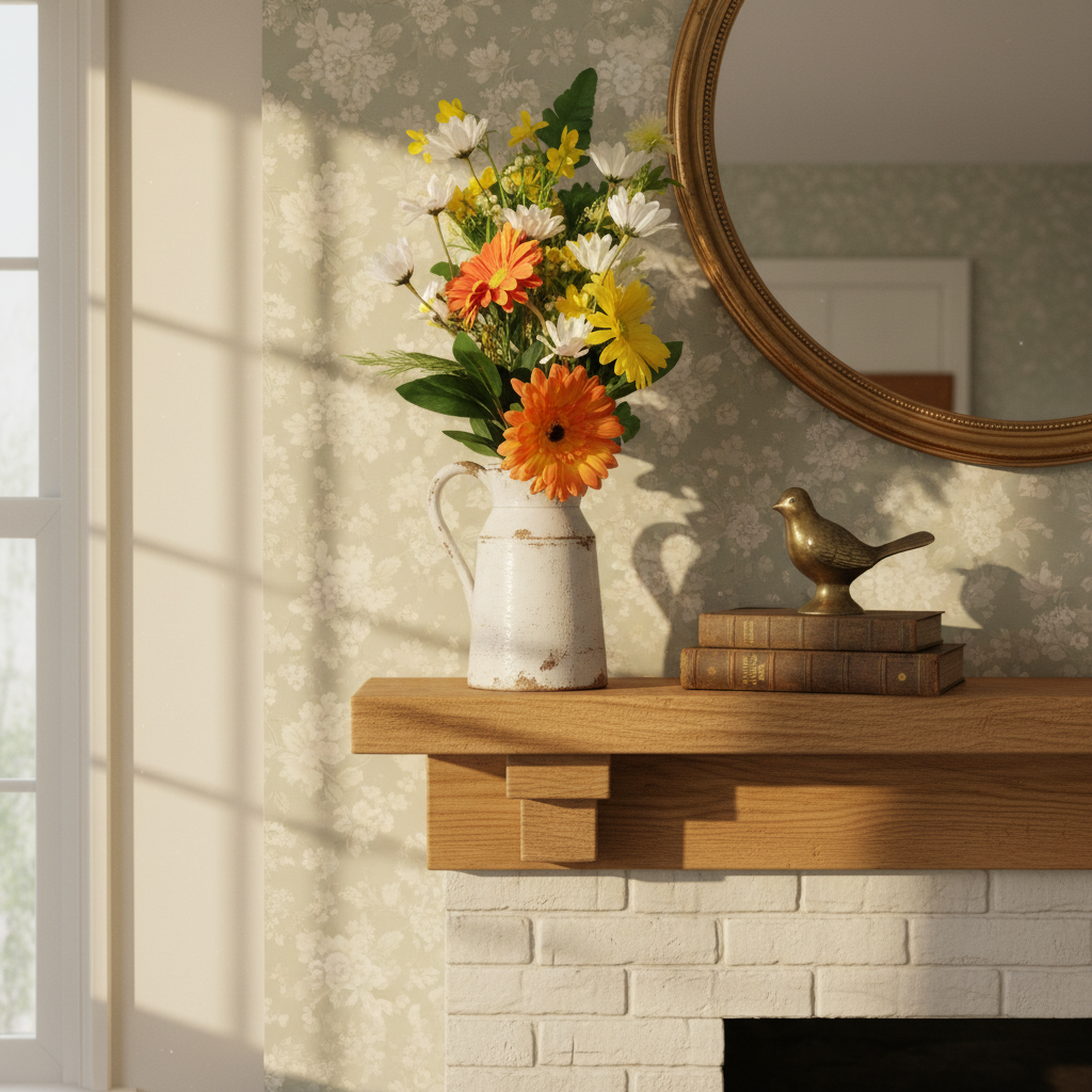 Artificial daisy bouquet on cottage mantel