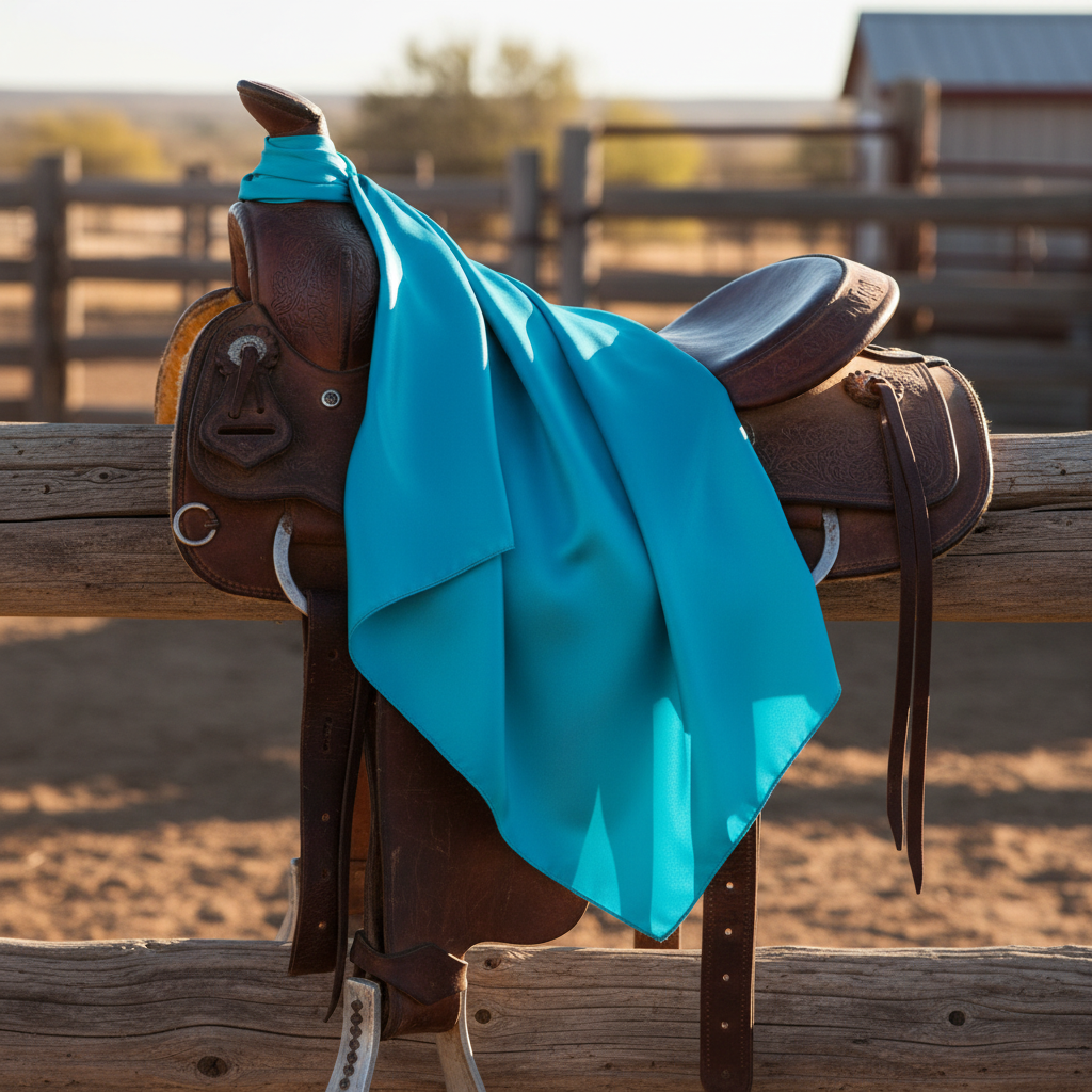 Aqua blue satin wild rag scarf draped over western saddle