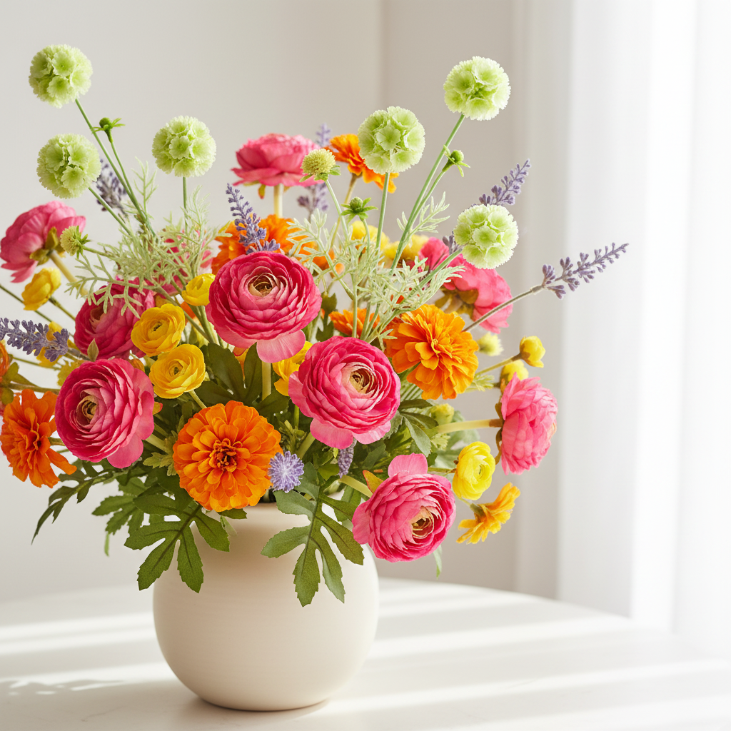 Faux green white scabiosa pincushion stems arranged with pink ranunculus, orange marigolds, yellow buttercups and purple lavender in a neutral ceramic vase