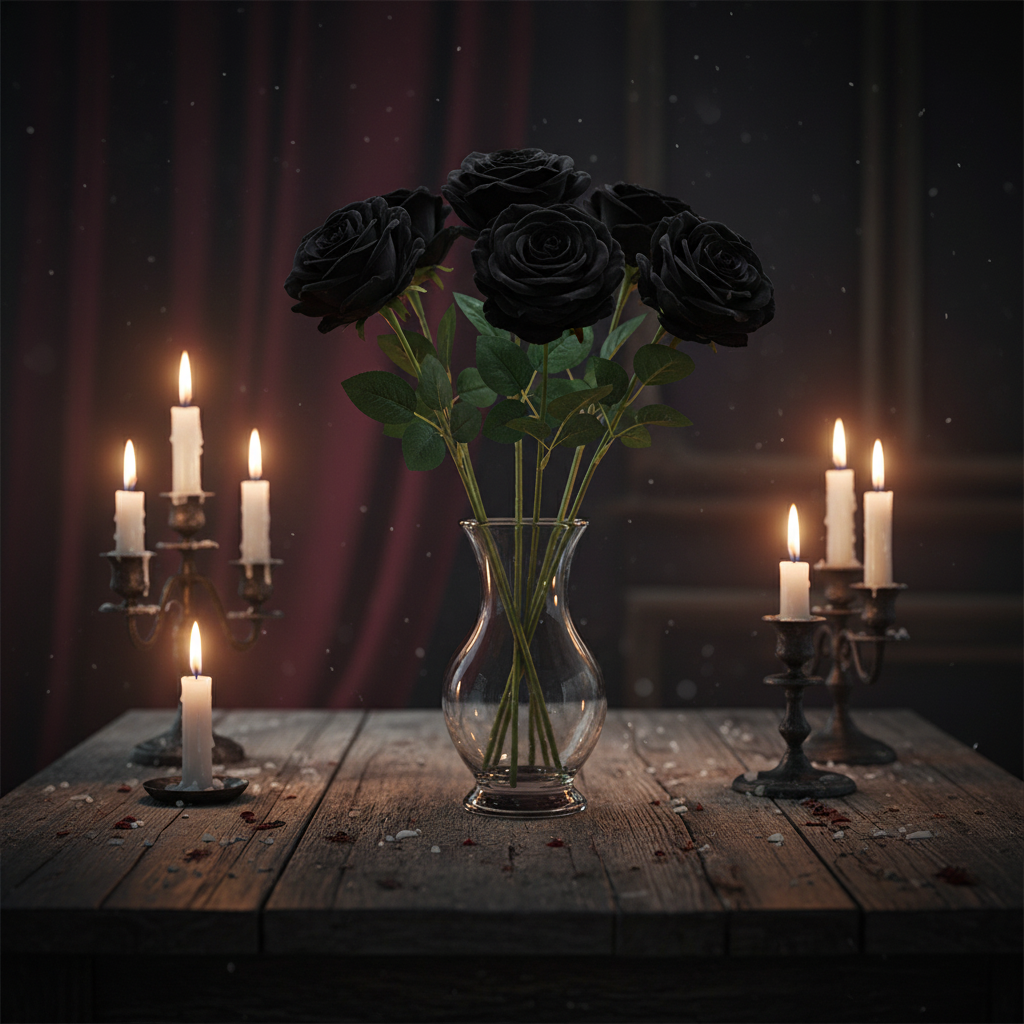 Set of 6 black velvet artificial rose stems with green leaves arranged in a clear glass vase on dark wood table with candlelight gothic dark romance styling