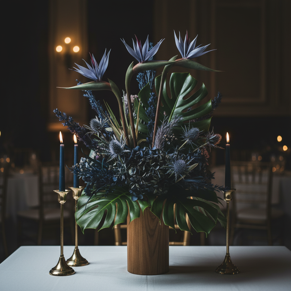 Moody blue purple Bird of Paradise stems with indigo flowers and purple thistle as luxury wedding centerpiece on white linen table with gold candles