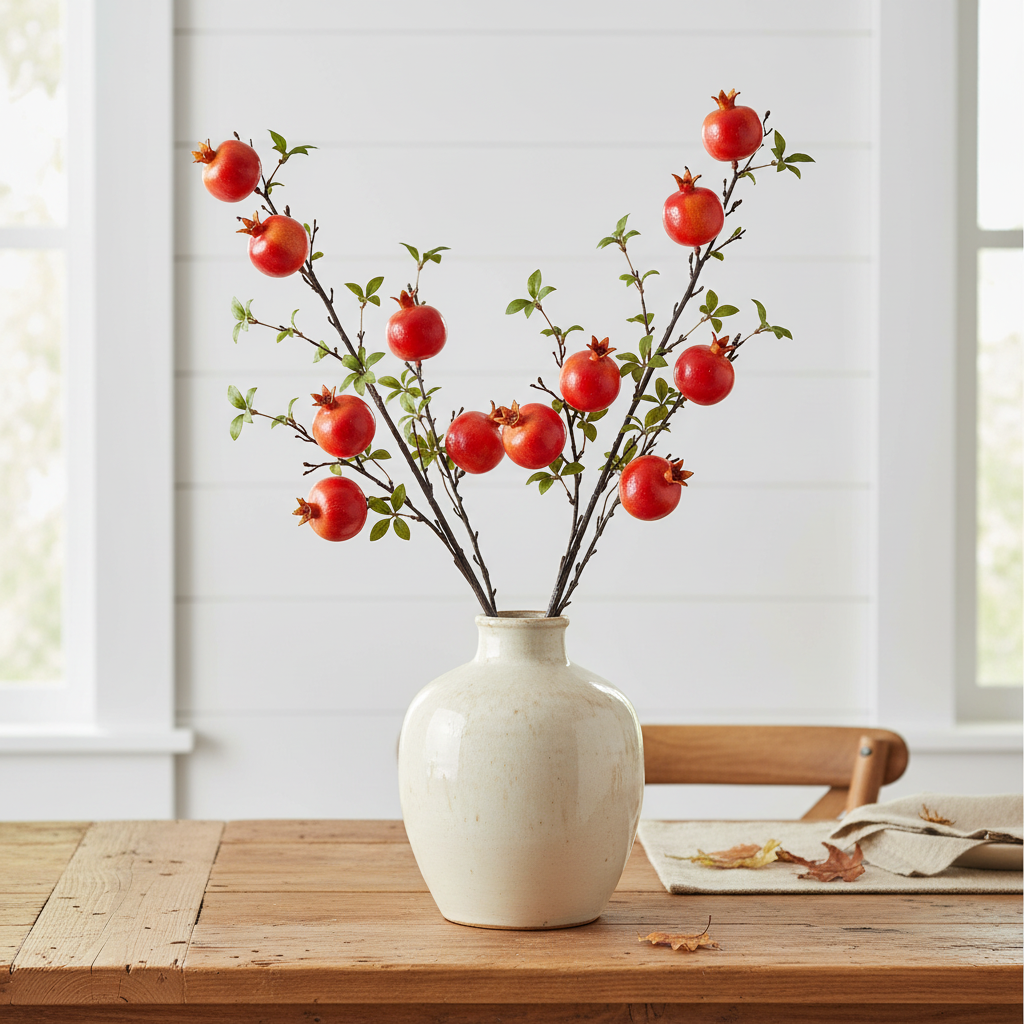 Artificial pomegranate branch arranged in a white ceramic farmhouse vase on rustic wood table, cozy autumn farmhouse decor