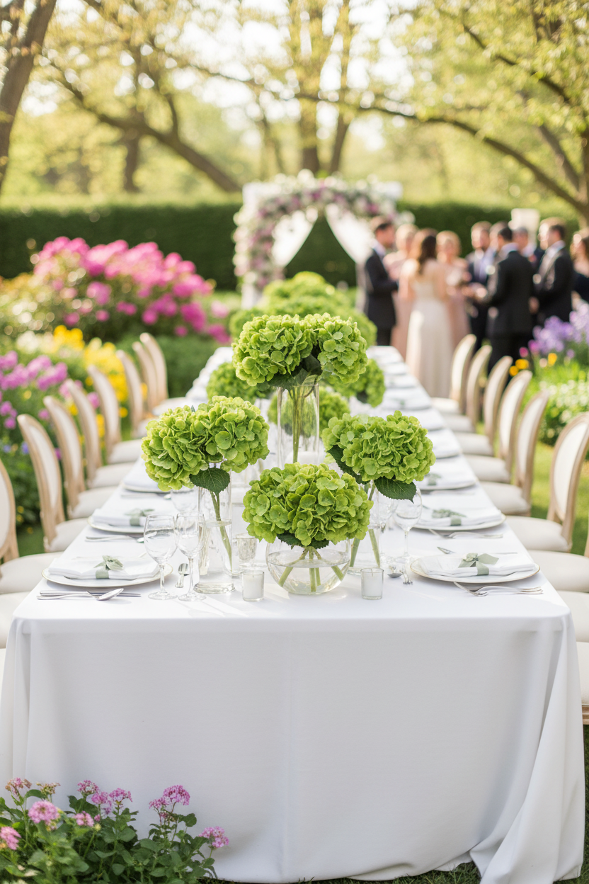 Spring garden wedding centerpiece with apple green hydrangea stems in clear glass vases on white linens