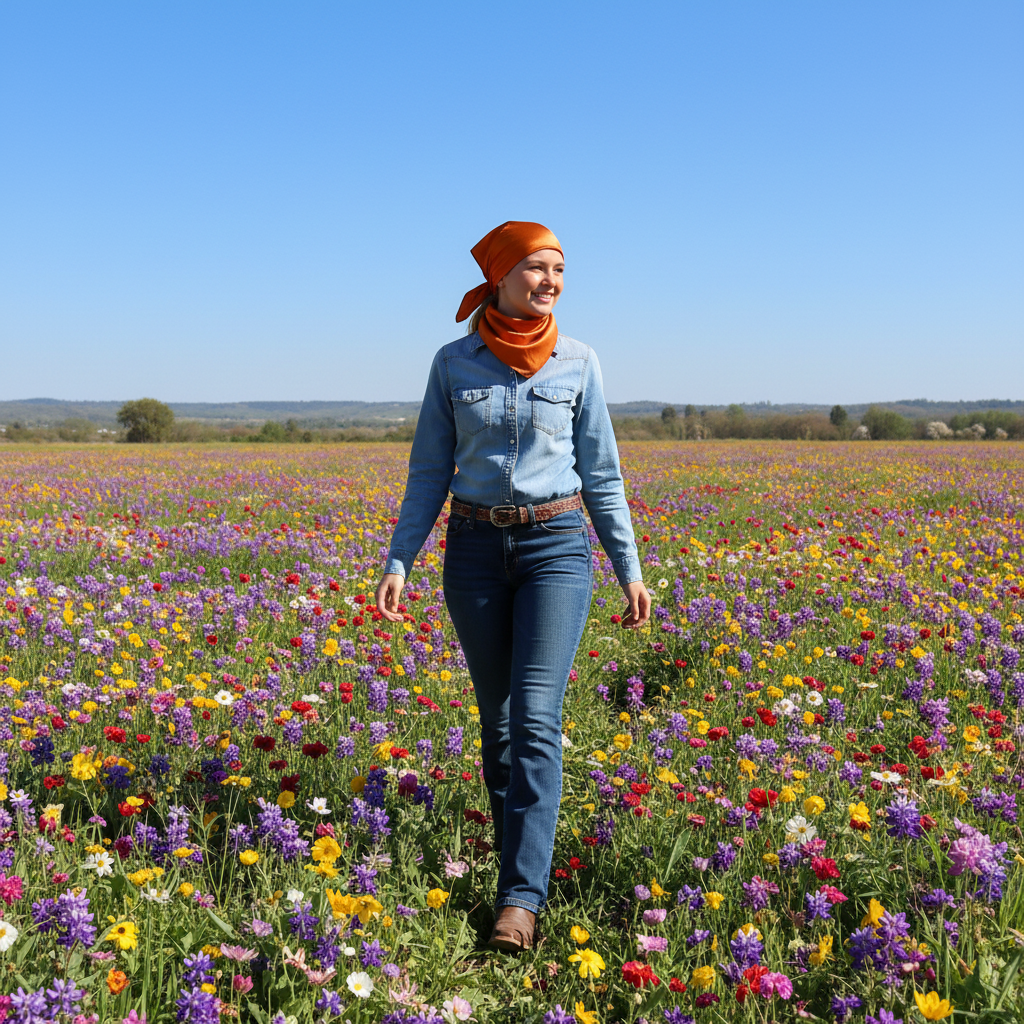 Woman wearing burnt orange wild rag scarf as headscarf in spring wildflower field with western boots