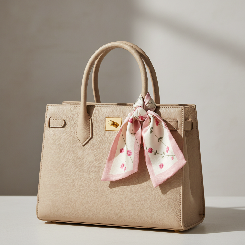 Pink floral satin scarf tied to handbag as decorative bag charm