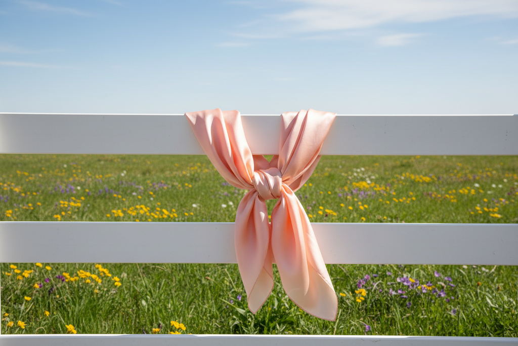 Peach wild rag draped on white picket fence with spring wildflowers and green grass