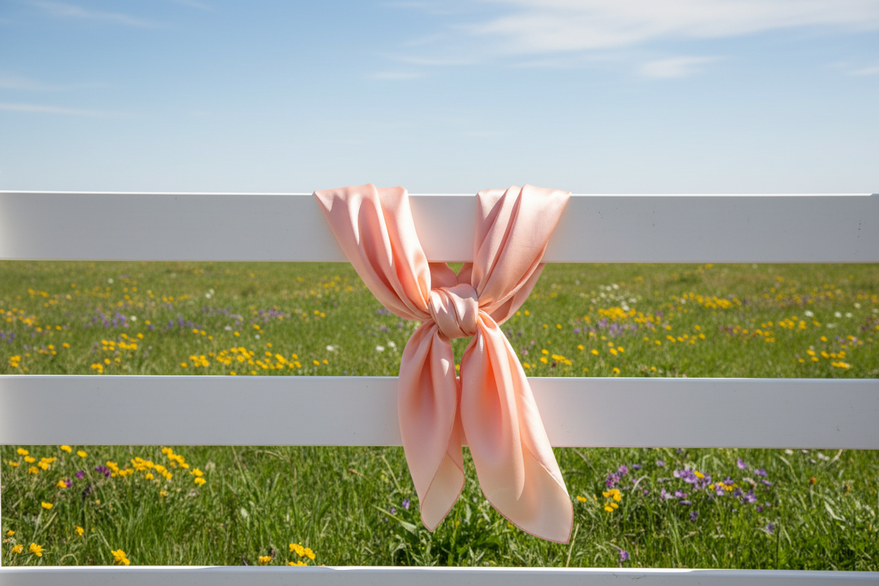 Peach wild rag draped on white picket fence with spring wildflowers and green grass
