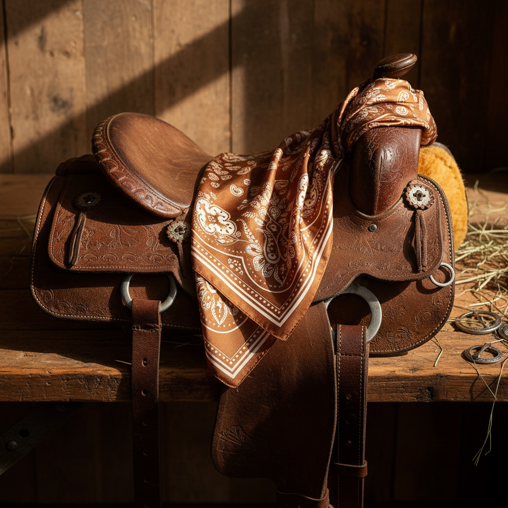 Caramel brown paisley wild rag scarf draped over western saddle, rustic ranch aesthetic