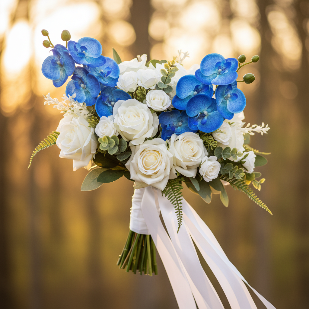 Vivid sapphire blue artificial orchid stems in a bridal bouquet mixed with white roses and greenery, elegant wedding photography