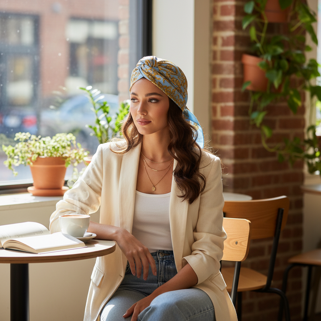 Woman wearing baroque scarf as headband hair accessory in urban cafe bohemian chic style