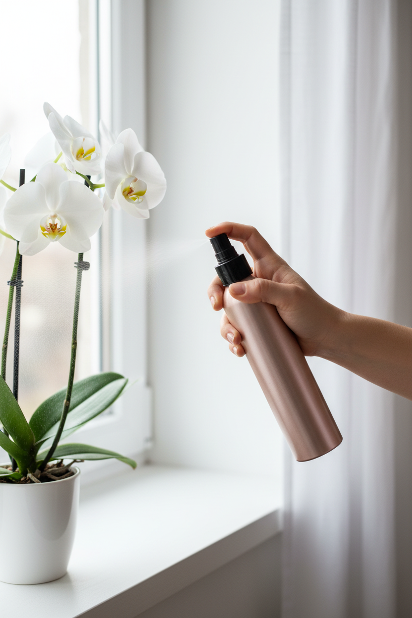 Rose gold metallic aluminum spray bottle misting white phalaenopsis orchid on bright windowsill, soft natural morning light