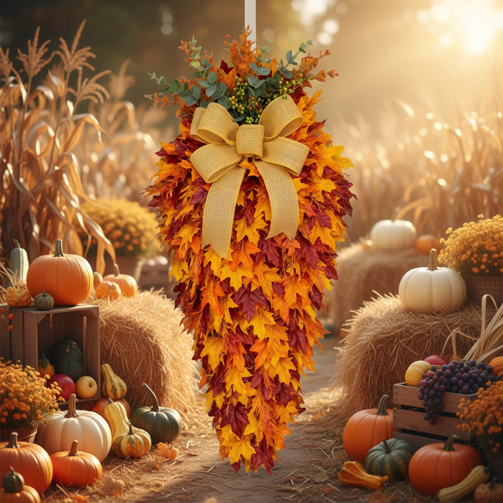 Carrot wreath with fall leaves and yellow burlap bow on gray door - autumn harvest decoration