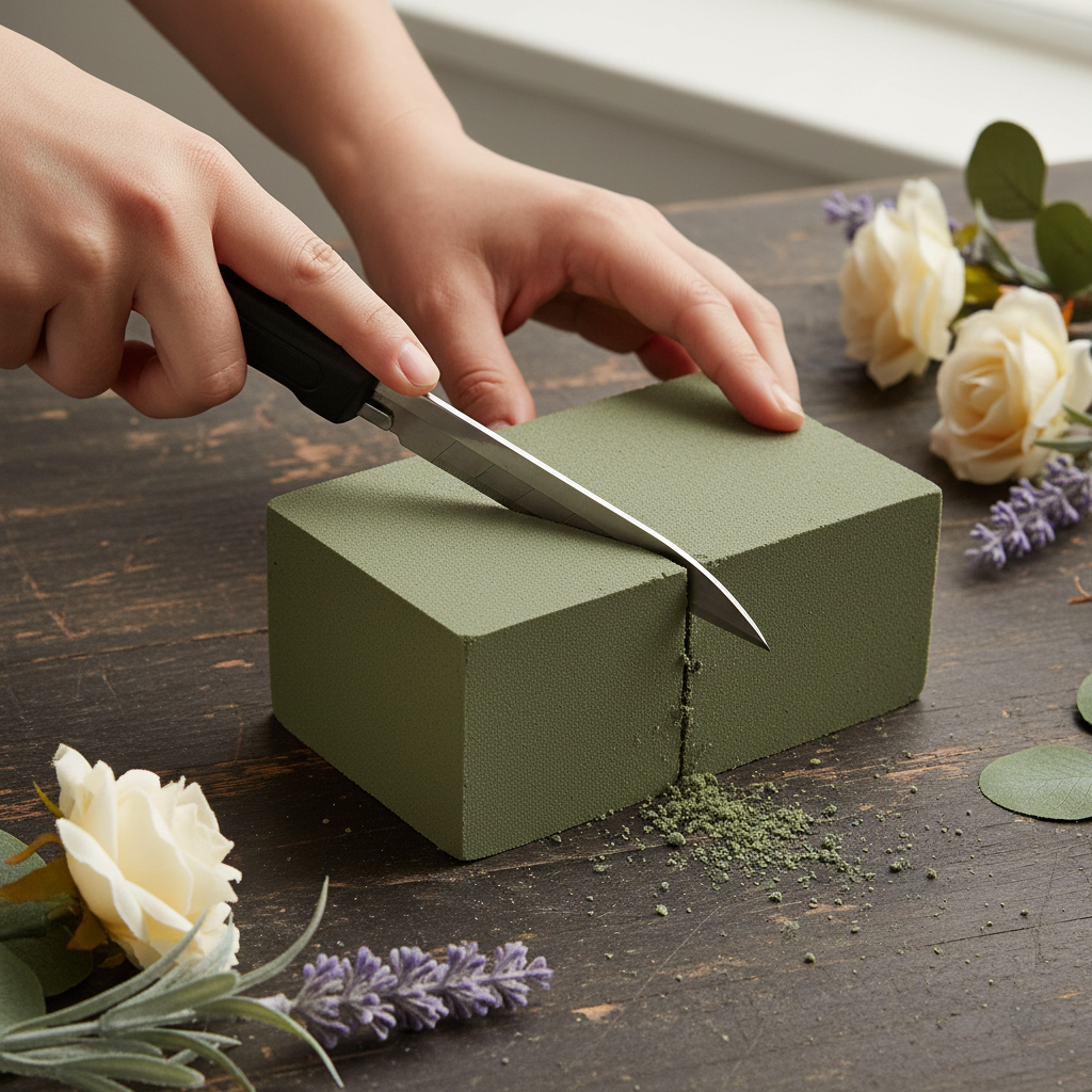 Hands cutting a single green dry floral foam brick with a knife on a wooden craft table with artificial silk flowers nearby