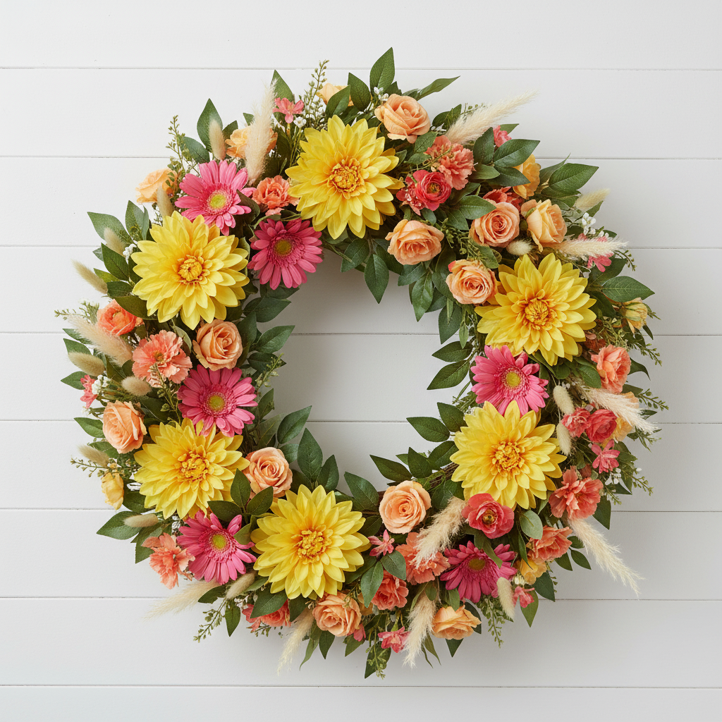 Round farmhouse wreath featuring yellow dahlia blooms with orange roses, pink gerberas and greenery on shiplap wall
