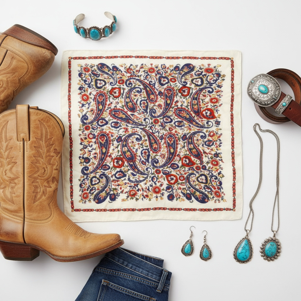 Flat lay of cream paisley wild rag scarf with western accessories including cowboy boots, leather belt, turquoise jewelry, and denim