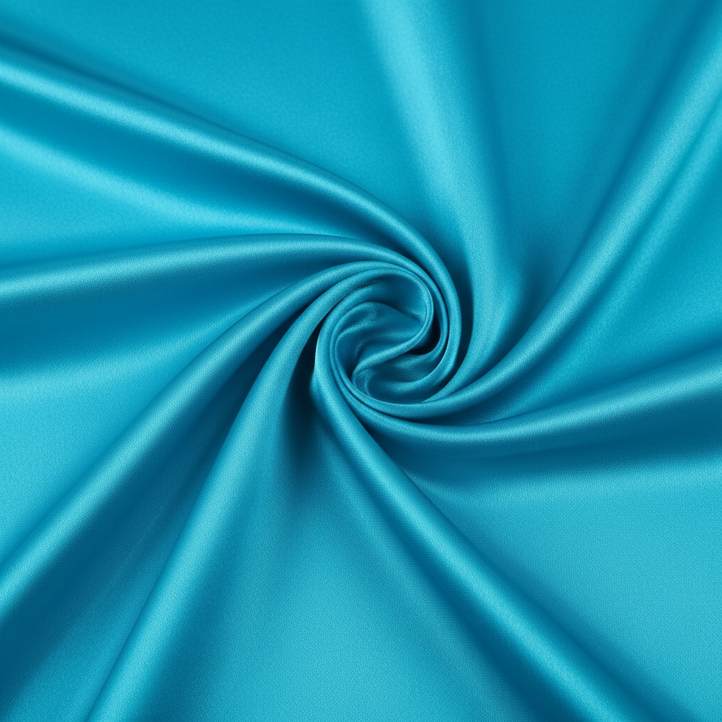 Close-up detail of turquoise blue satin polyester fabric showing silk-like texture and vibrant aqua undertones