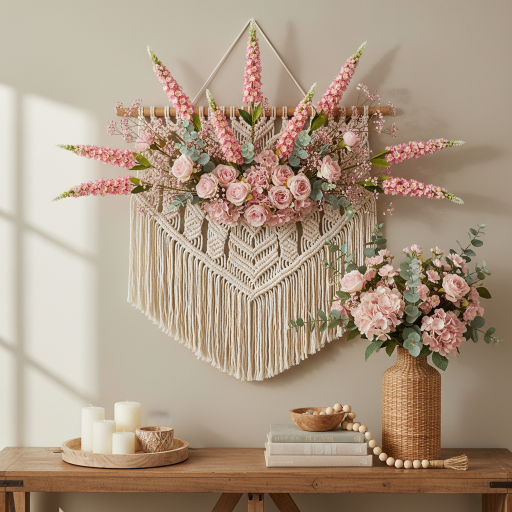 Blush pink snapdragon larkspur stems in a boho macramé wall hanging with roses, hydrangeas, and eucalyptus on a console table