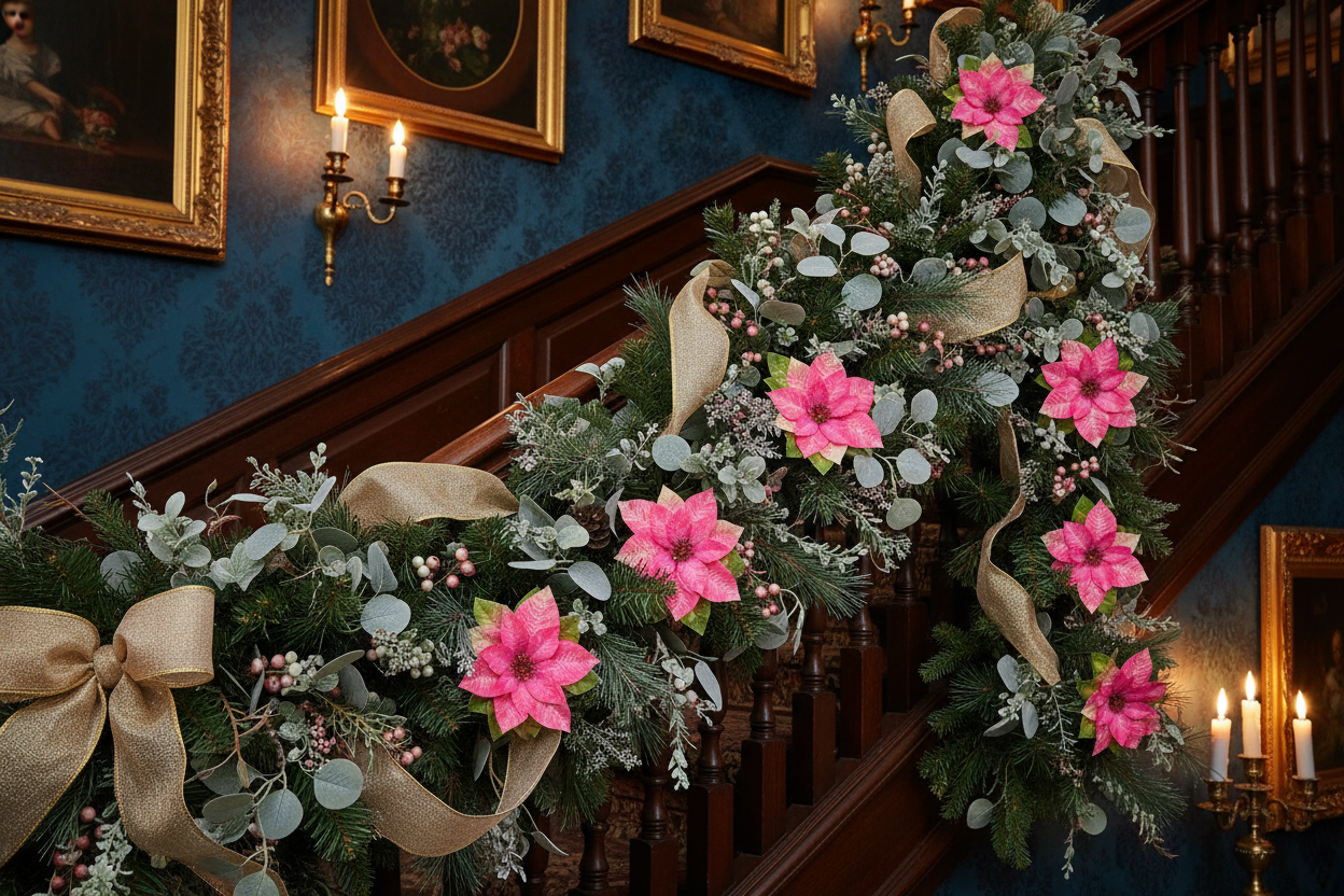 Pink poinsettia bloom heads woven into a lush Victorian Christmas garland with frosted greens, pink berries, white berries, and gold ribbon on a grand staircase banister