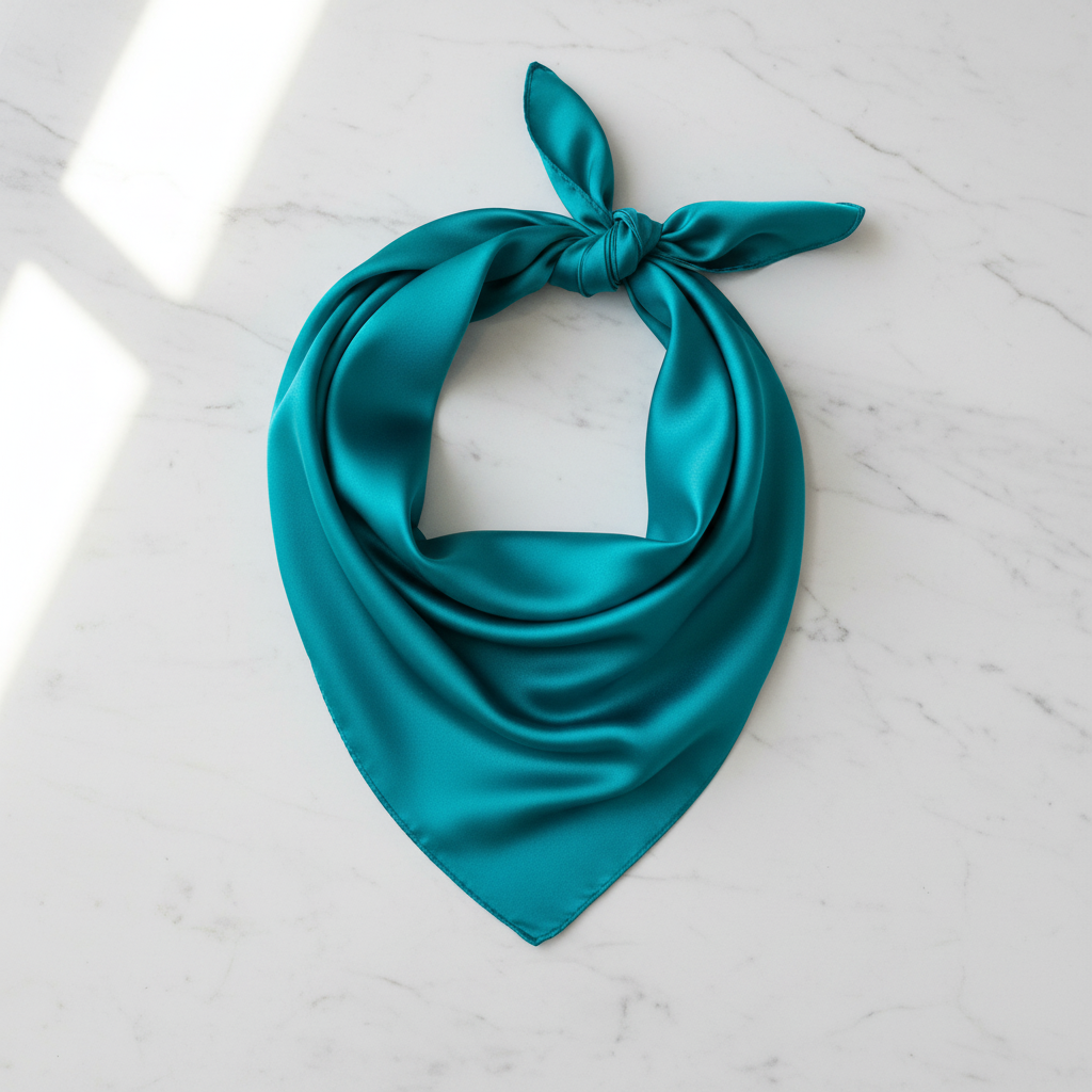 Teal blue satin wild rag scarf folded on white marble showing rich jewel tone
