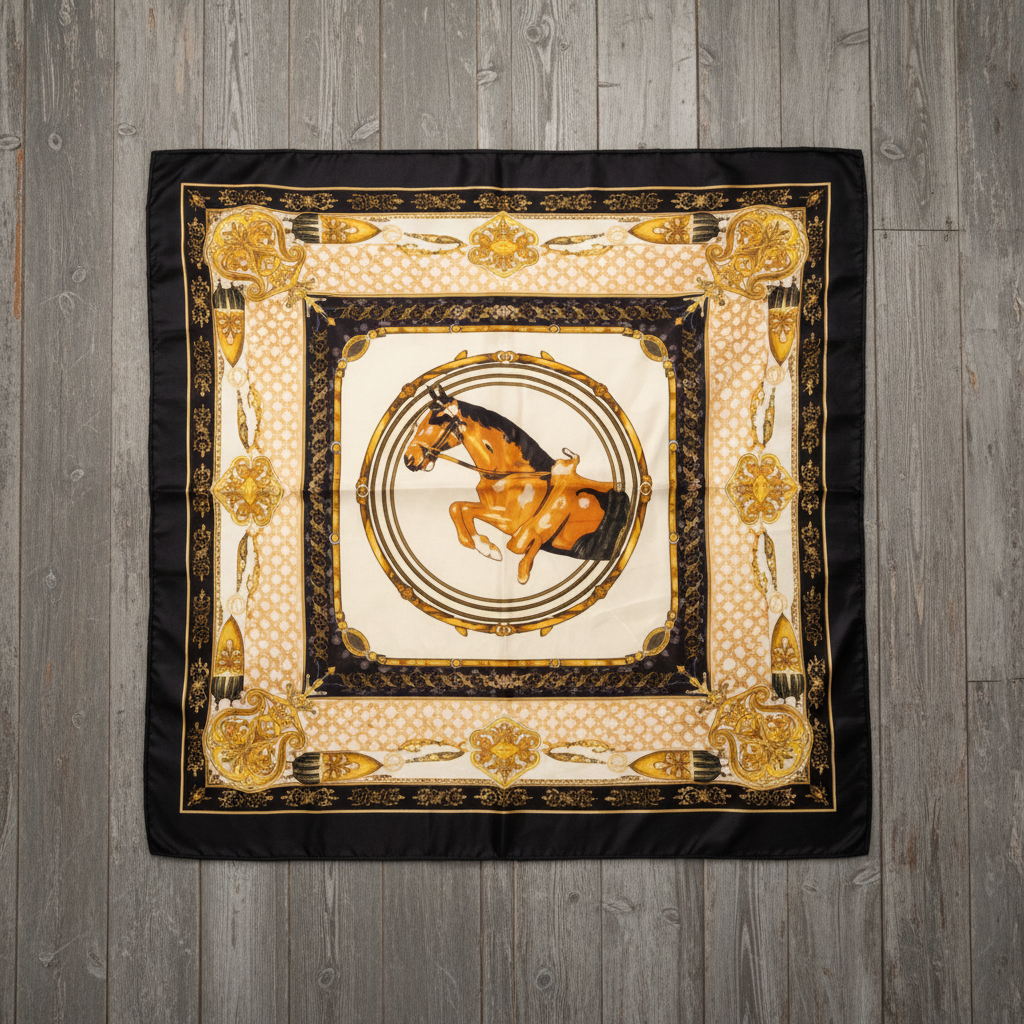 Navy gold equestrian horse medallion satin square scarf flat lay on weathered wood showing full baroque pattern