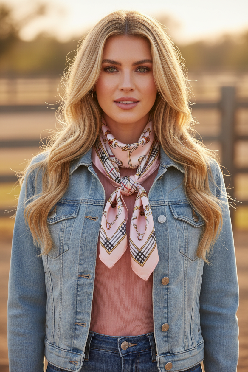 Cowgirl with long wavy blonde hair wearing blush pink equestrian satin square scarf tied as wild rag at neck denim jacket blush top blue jeans western ranch setting 20x20