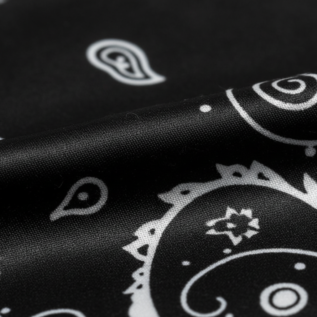 Close-up fabric detail of black satin polyester with intricate white paisley print, smooth silky texture