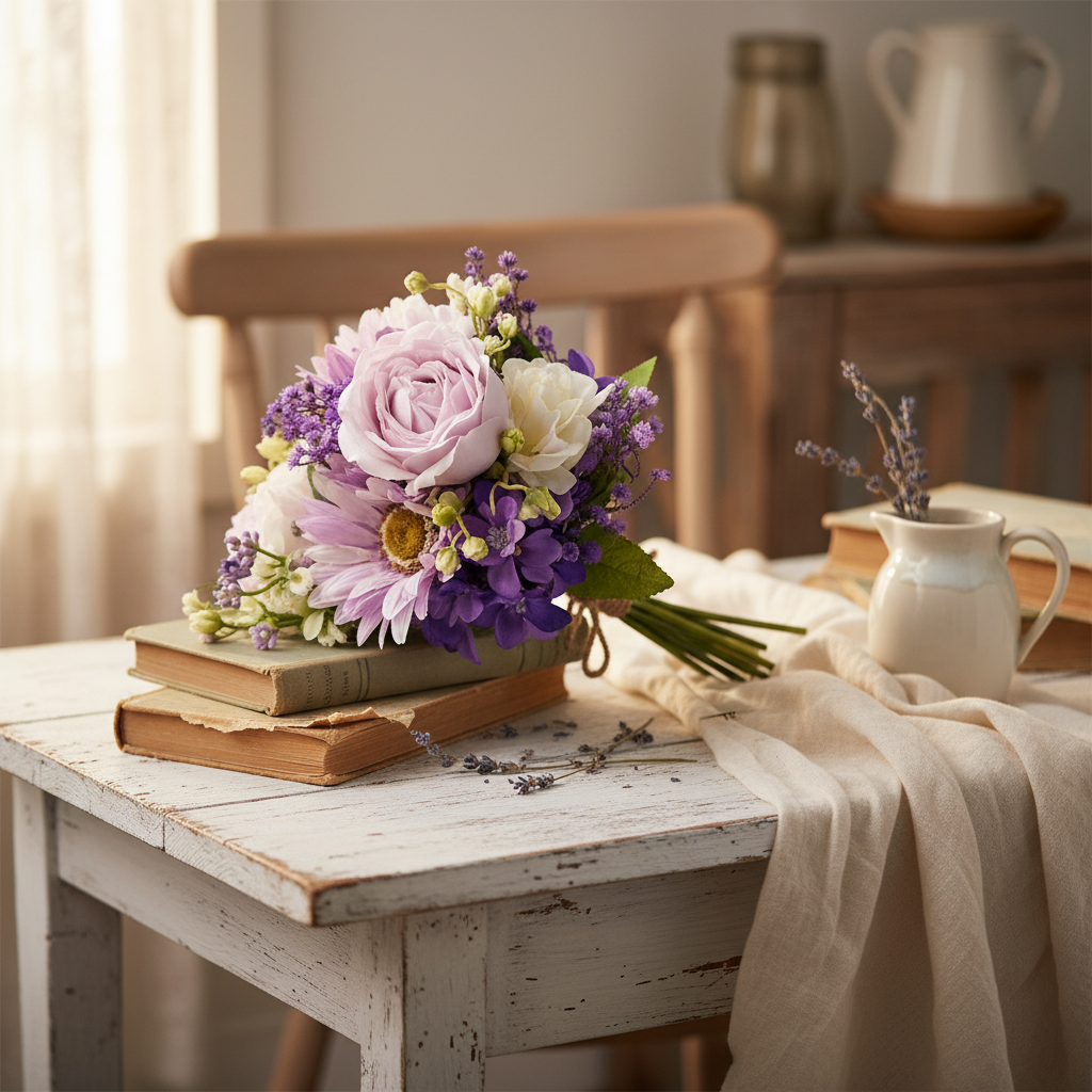 Lavender purple artificial bouquet styled in cottage core setting on weathered white wood table with vintage books and dried lavender