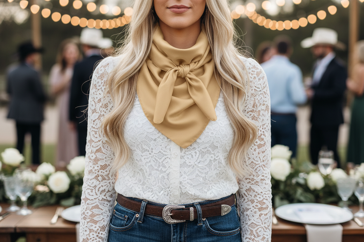 Champagne wild rag at elegant western wedding with white lace blouse and denim