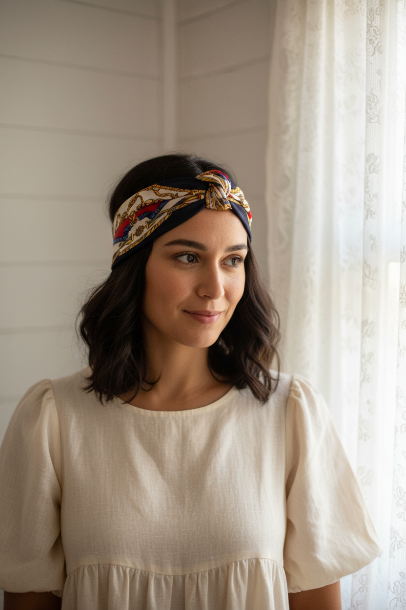 Woman wearing red navy gold equestrian chain satin square scarf as cottagecore headband with white shiplap wall background