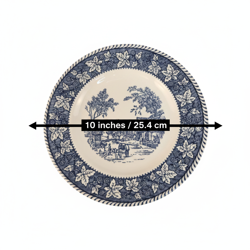 Vintage Homer Laughlin Shakespeare Country dinner plate size reference showing 10 inch diameter measurement