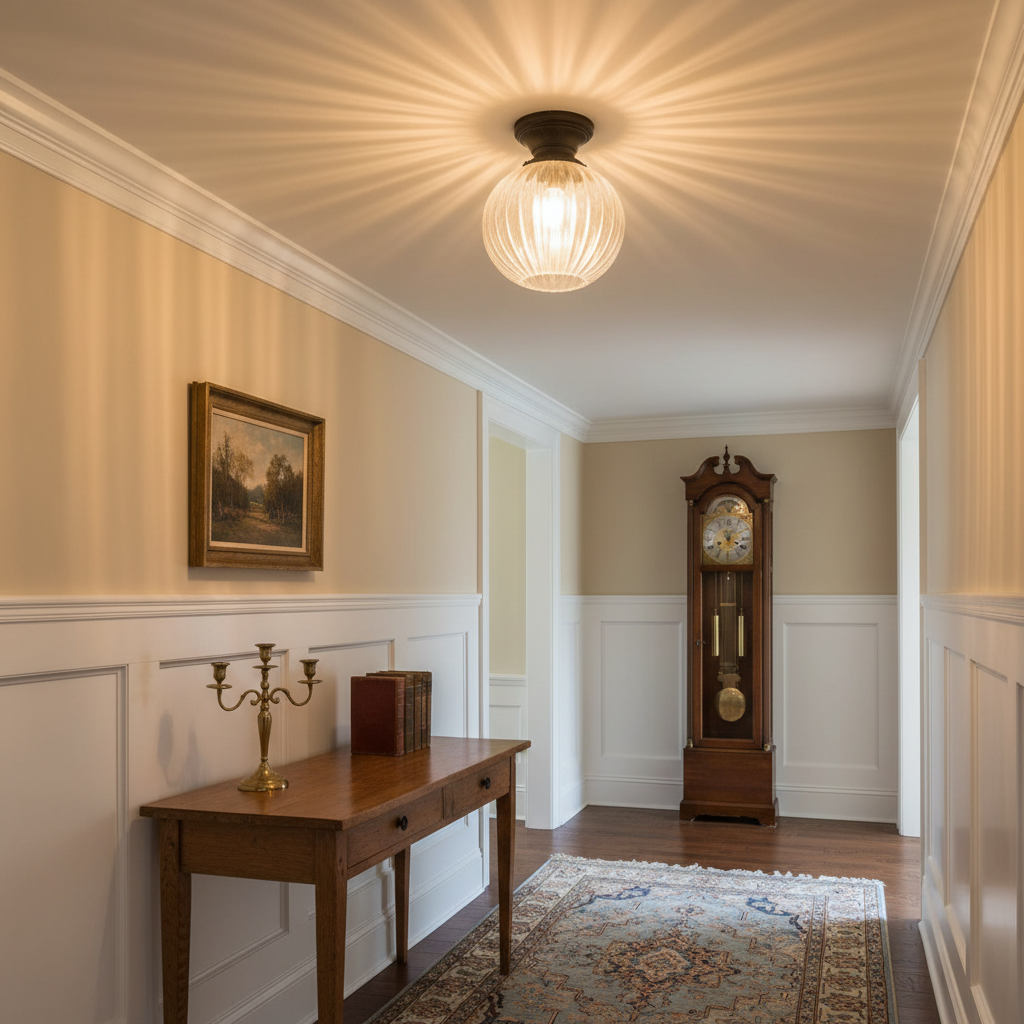 Ribbed glass globe light shade on oil-rubbed bronze fixture in vintage hallway with traditional decor
