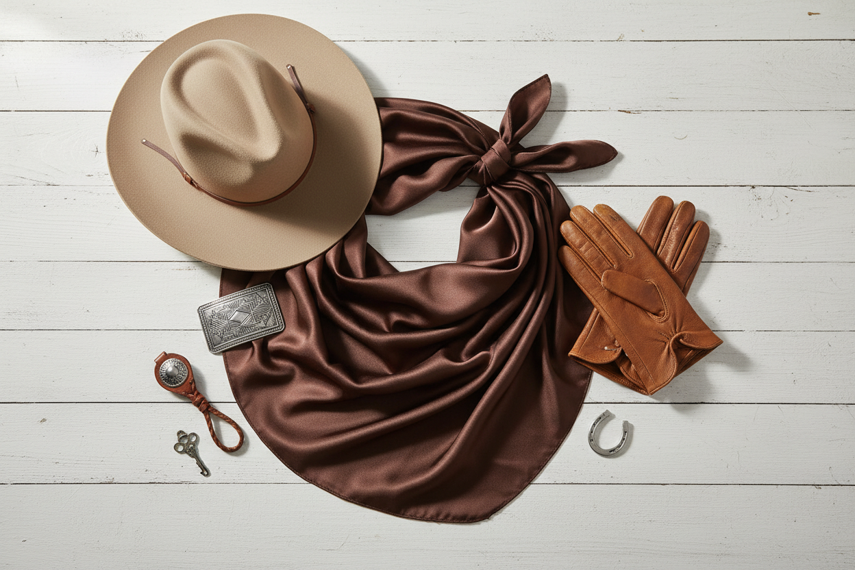 Chocolate brown wild rag flat lay with tan cowboy hat, brown leather gloves, and western accessories on white wood