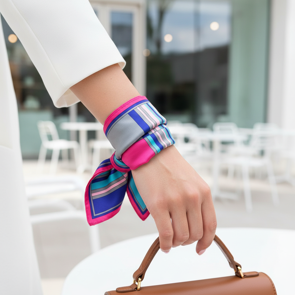 Pink stripe satin scarf wrapped around wrist as accessory showing geometric stripe pattern
